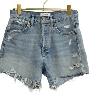 AGOLDE Parker Long Denim Cutoff Shorts Light Wash Distressed Raw Hem Size 23